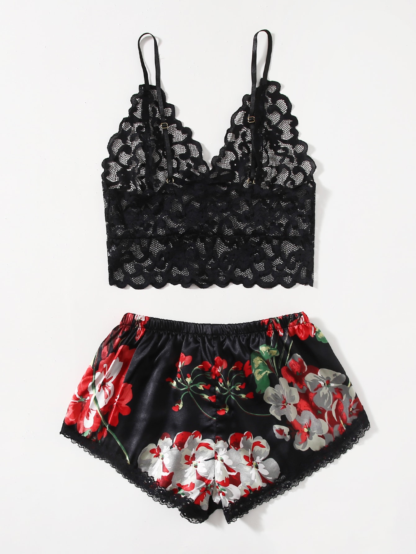 Lace Bralette Set - Pyjamaset met bloemenkant voor dames, zwarte